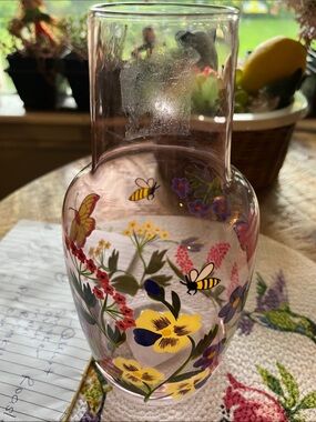 Hand-Painted Pink Floral Glass Vase with Bees